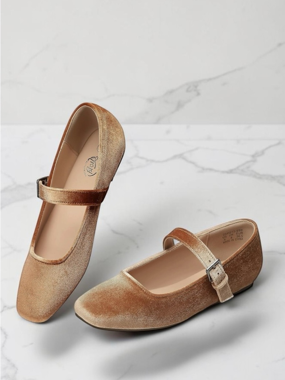 Velvet Mary Jane Flats in Gold-Tan